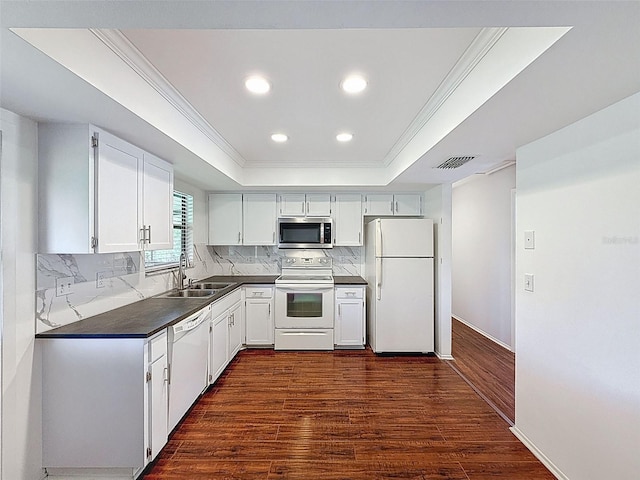 507 E Curlew Pl, Tarpon Springs, FL 34689 - kitchen with white appliances, a sink, dark countertops, a tray ceiling, and ornamental molding
