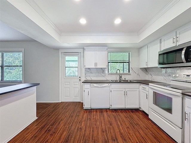 507 E Curlew Pl, Tarpon Springs, FL 34689 - kitchen featuring white appliances, dark countertops, crown molding, a tray ceiling, and a sink