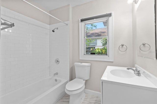6489 30th St N, Saint Petersburg, FL 33702 - full bathroom featuring toilet, vanity, marble look tiles,  shower combination, and baseboards