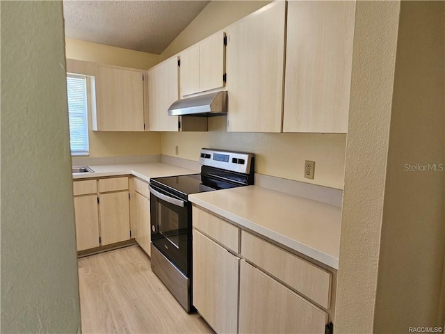 870 S Thyme Pt, Homosassa, FL 34448 - kitchen featuring stainless steel electric range, under cabinet range hood, a textured wall, a textured ceiling, and light wood-style floors