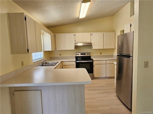 870 S Thyme Pt, Homosassa, FL 34448 - kitchen featuring appliances with stainless steel finishes, under cabinet range hood, a sink, lofted ceiling, and a peninsula