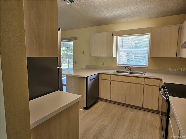 870 S Thyme Pt, Homosassa, FL 34448 - kitchen with stainless steel dishwasher, a sink, light brown cabinets, a textured ceiling, and electric range