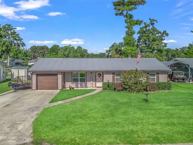 718 Crk 467, Lake Panasoffkee, FL 33538 - single story home featuring metal roof, a front yard, a garage, and concrete driveway