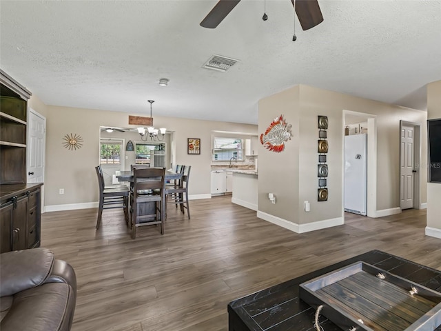 718 Crk 467, Lake Panasoffkee, FL 33538 - living area with a ceiling fan, a textured ceiling, plenty of natural light, dark wood-style flooring, and a chandelier