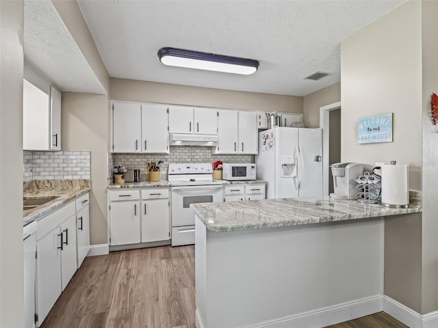 718 Crk 467, Lake Panasoffkee, FL 33538 - kitchen with white appliances, under cabinet range hood, light wood-style flooring, white cabinetry, and a peninsula