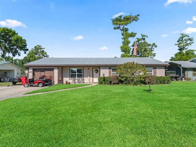 718 Crk 467, Lake Panasoffkee, FL 33538 - ranch-style home featuring an attached garage, a front lawn, driveway, and metal roof
