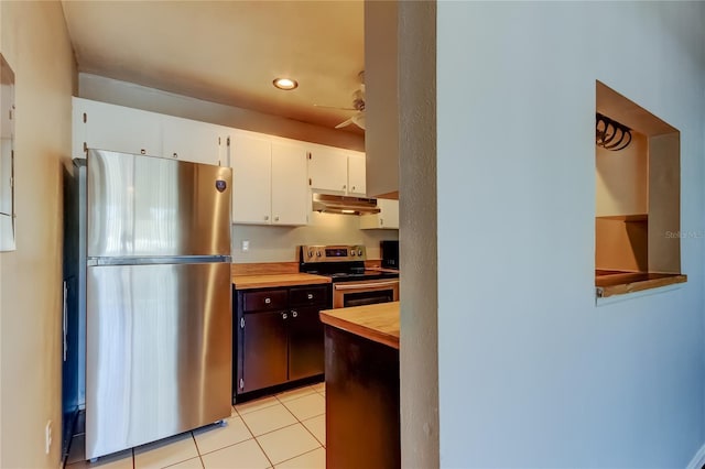 2932 Lichen Ln Unit D, Clearwater, FL 33760 - kitchen with appliances with stainless steel finishes, under cabinet range hood, wooden counters, white cabinetry, and light tile patterned flooring