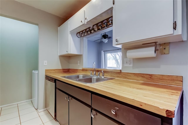 2932 Lichen Ln Unit D, Clearwater, FL 33760 - kitchen with a sink, dishwasher, butcher block countertops, a ceiling fan, and light tile patterned flooring
