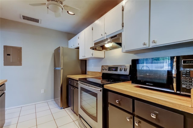 2932 Lichen Ln Unit D, Clearwater, FL 33760 - kitchen featuring stainless steel appliances, under cabinet range hood, electric panel, wooden counters, and a ceiling fan
