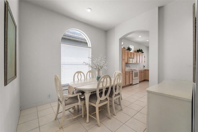 1130 Hominy Hill Dr, Trinity, FL 34655 - dining area featuring arched walkways, light tile patterned floors, and recessed lighting