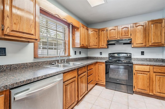 7347 Pulsar St, New Port Richey, FL 34652 - kitchen with electric range, dishwasher, under cabinet range hood, a sink, and light tile patterned flooring