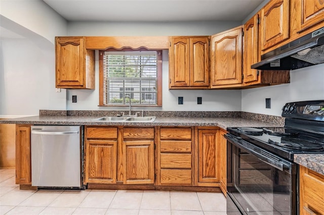 7347 Pulsar St, New Port Richey, FL 34652 - kitchen with black electric range, dishwasher, a sink, under cabinet range hood, and brown cabinets