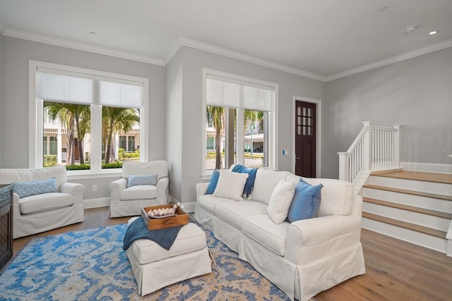 12 Country Club Ln, Belleair, FL 33756 - living area with wood finished floors, healthy amount of natural light, crown molding, baseboards, and stairs