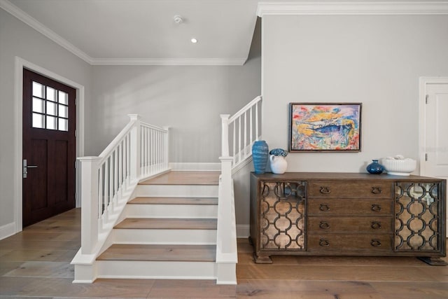 12 Country Club Ln, Belleair, FL 33756 - stairs with ornamental molding, wood finished floors, and baseboards