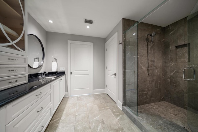 12 Country Club Ln, Belleair, FL 33756 - bathroom featuring vanity, a shower stall, recessed lighting, baseboards, and marble look tile flooring