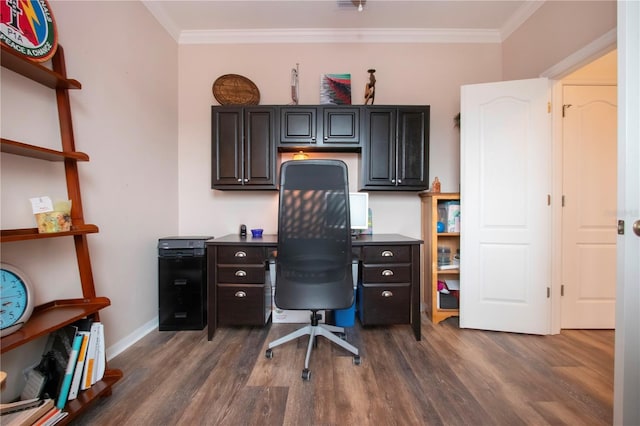 2121 Worthington Greens Dr, Sun City Center, FL 33573 - office with dark wood-type flooring, ornamental molding, and baseboards