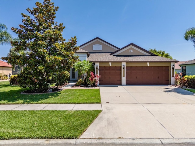 347 Cockle Shell Loop, Apollo Beach, FL 33572 - ranch-style house featuring a garage, a front lawn, concrete driveway, stucco siding, and roof with shingles