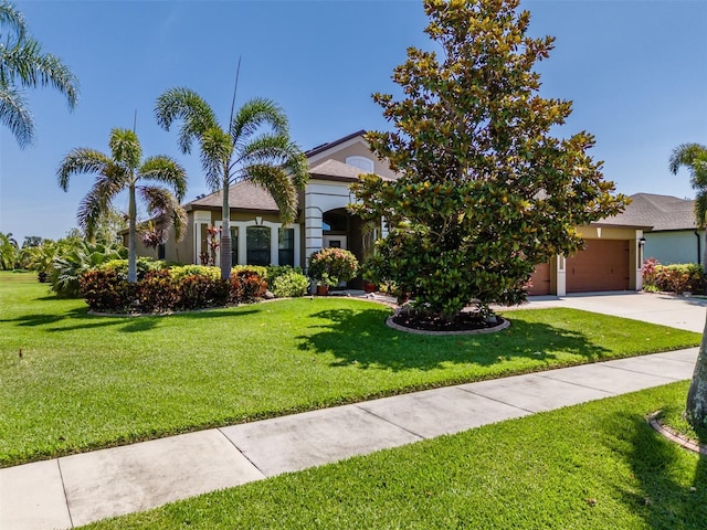347 Cockle Shell Loop, Apollo Beach, FL 33572 - view of property hidden behind natural elements featuring concrete driveway, a front lawn, a garage, and stucco siding