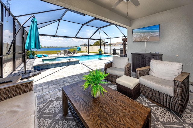11320 Chilly Water Ct, Riverview, FL 33569 - view of patio / terrace with a ceiling fan, glass enclosure, an outdoor hangout area, and a pool with connected hot tub
