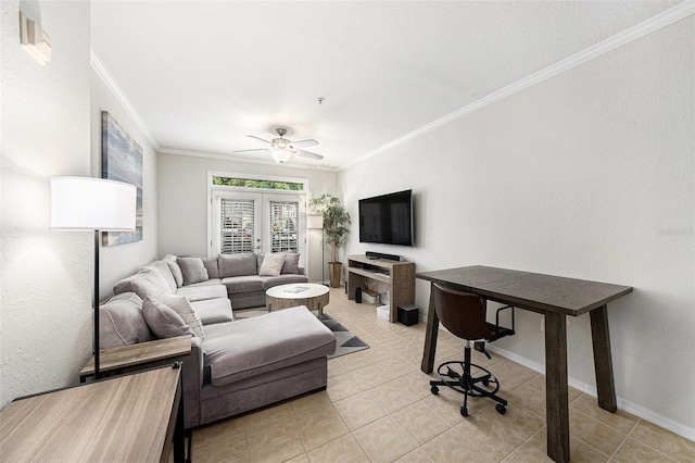4221 W Spruce St Unit 2104, Tampa, FL 33607 - living area with ornamental molding, a ceiling fan, light tile patterned floors, baseboards, and french doors