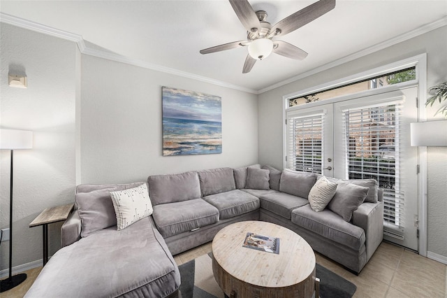 4221 W Spruce St Unit 2104, Tampa, FL 33607 - living area featuring a ceiling fan, ornamental molding, baseboards, a textured wall, and light tile patterned flooring
