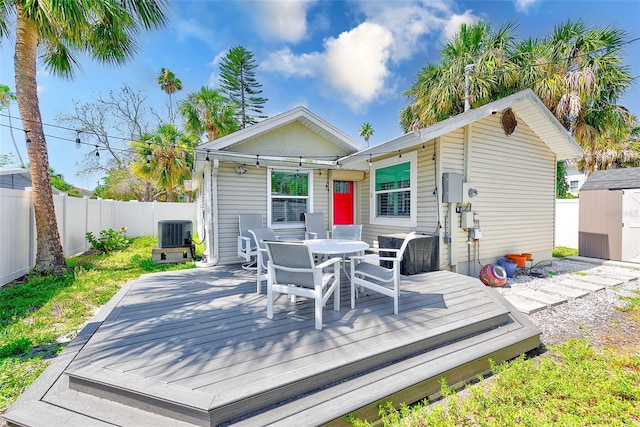 112 11th Ave, Indian Rocks Beach, FL 33785 - wooden deck featuring a fenced backyard, cooling unit, and outdoor dining space
