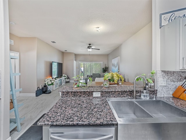 31201 Shaker Cir, Wesley Chapel, FL 33543 - kitchen with stainless steel counters, dishwasher, a sink, ceiling fan, and open floor plan