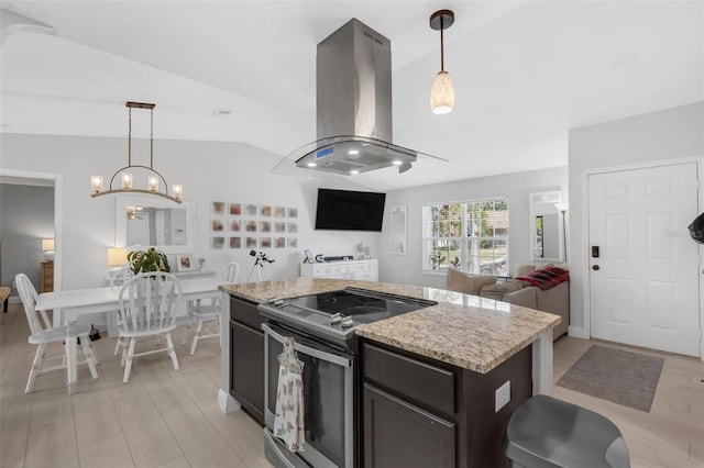 12838 Tallowood Dr, Riverview, FL 33579 - kitchen with stainless steel range with electric stovetop, island range hood, lofted ceiling, light wood-type flooring, and light stone counters