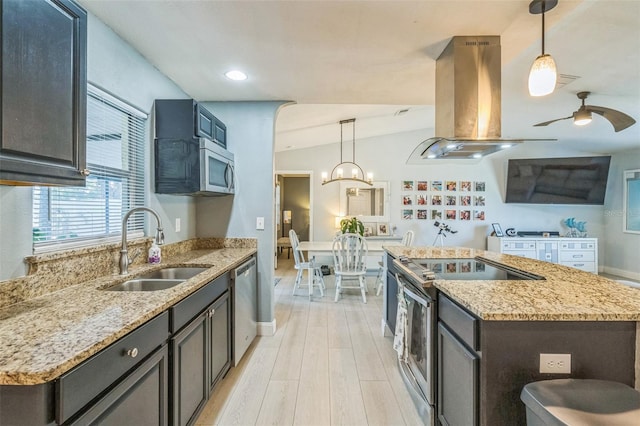 12838 Tallowood Dr, Riverview, FL 33579 - kitchen featuring a sink, stainless steel appliances, island exhaust hood, a center island, and ceiling fan