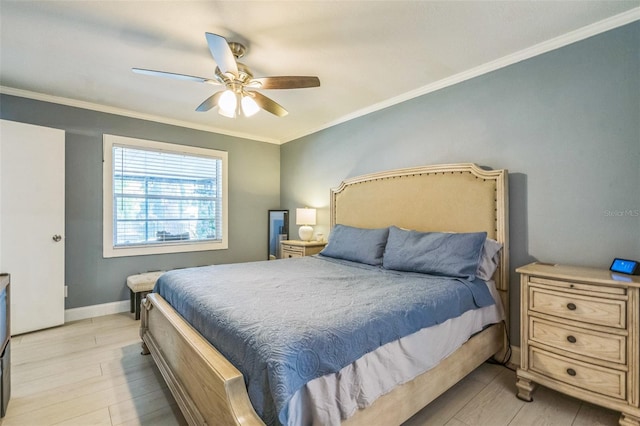 12838 Tallowood Dr, Riverview, FL 33579 - bedroom with ornamental molding, light wood-style flooring, a ceiling fan, and baseboards
