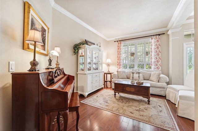 16039 Ternglade Dr, Lithia, FL 33547 - living area with dark wood-style floors, crown molding, and baseboards