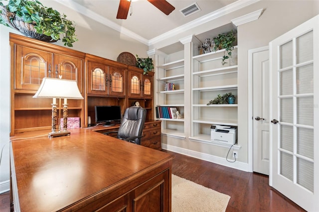 16039 Ternglade Dr, Lithia, FL 33547 - office featuring ornamental molding, a ceiling fan, built in features, and dark wood-style flooring