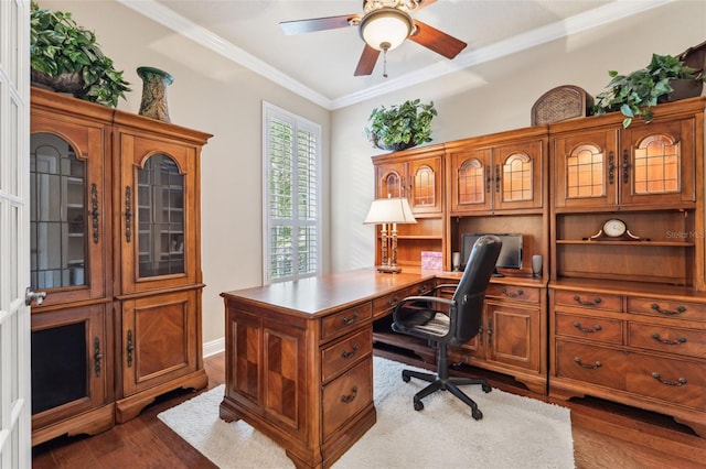 16039 Ternglade Dr, Lithia, FL 33547 - office area featuring ornamental molding, dark wood finished floors, and ceiling fan