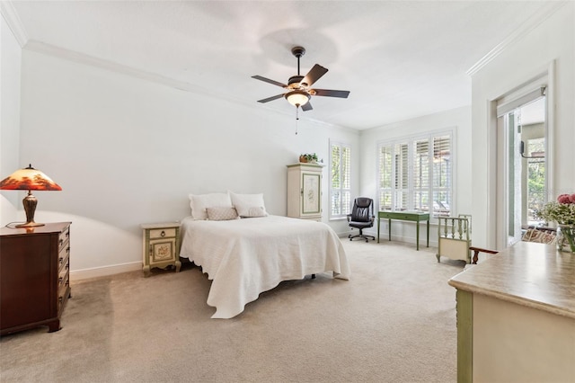 16039 Ternglade Dr, Lithia, FL 33547 - bedroom featuring ornamental molding, baseboards, light carpet, and ceiling fan