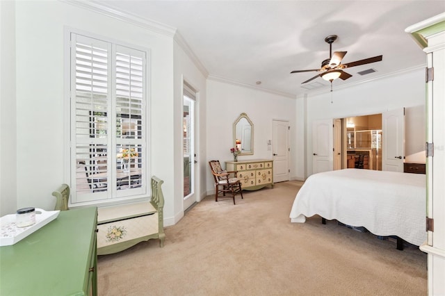 16039 Ternglade Dr, Lithia, FL 33547 - bedroom featuring crown molding, light colored carpet, ceiling fan, baseboards, and ensuite bath