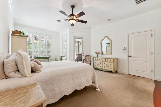 16039 Ternglade Dr, Lithia, FL 33547 - bedroom with light carpet, crown molding, ceiling fan, and baseboards