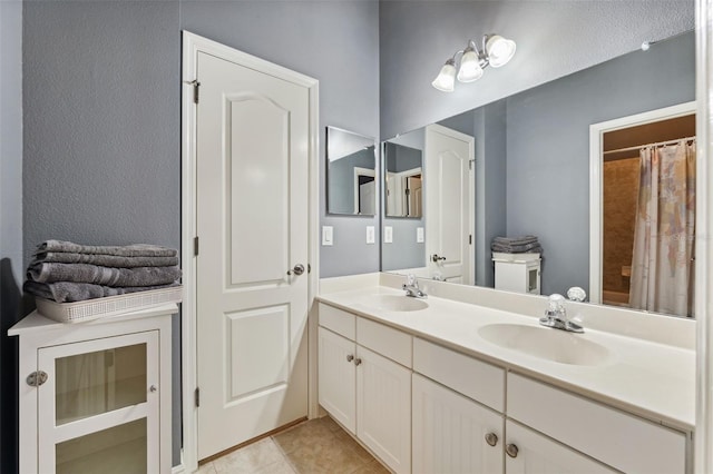 16039 Ternglade Dr, Lithia, FL 33547 - bathroom featuring double vanity, tile patterned flooring, toilet, and a shower with curtain
