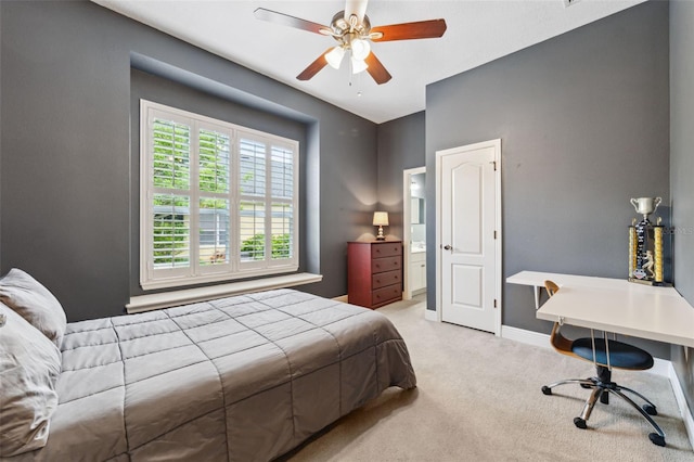 16039 Ternglade Dr, Lithia, FL 33547 - carpeted bedroom featuring baseboards, connected bathroom, and ceiling fan