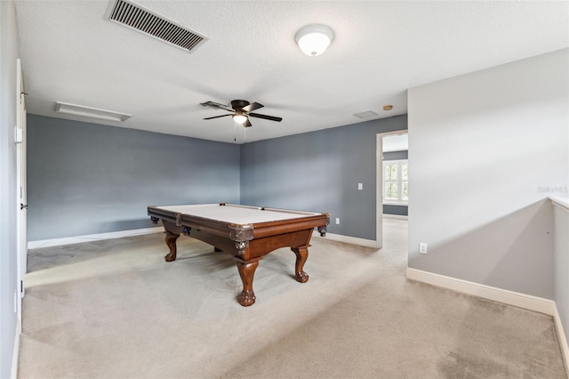 16039 Ternglade Dr, Lithia, FL 33547 - playroom with baseboards, billiards, carpet, a ceiling fan, and attic access