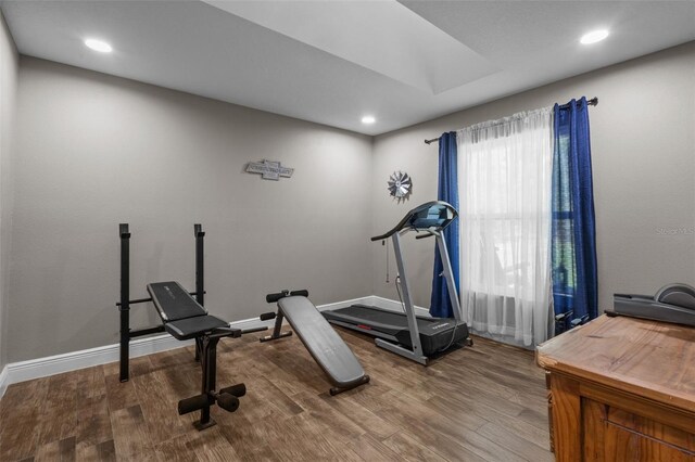 12090 Thames Ave, Weeki Wachee, FL 34614 - exercise area with wood finished floors, baseboards, and recessed lighting