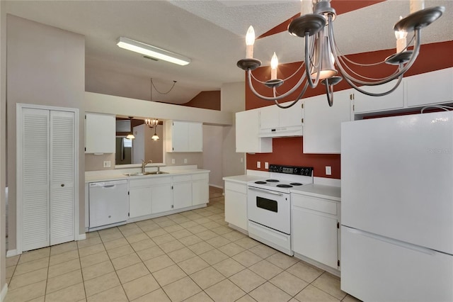 2527 Wrencrest Cir, Valrico, FL 33594 - kitchen featuring white appliances, under cabinet range hood, vaulted ceiling, a sink, and a chandelier