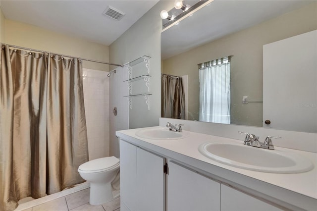 2527 Wrencrest Cir, Valrico, FL 33594 - bathroom featuring toilet, double vanity, tile patterned floors, and a shower with curtain