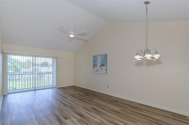 6334 Spring Flower Dr Unit 24, New Port Richey, FL 34653 - empty room featuring a chandelier, ceiling fan, wood finished floors, high vaulted ceiling, and baseboards
