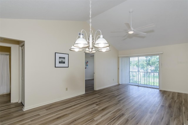 6334 Spring Flower Dr Unit 24, New Port Richey, FL 34653 - empty room featuring wood finished floors, a ceiling fan, baseboards, a chandelier, and high vaulted ceiling