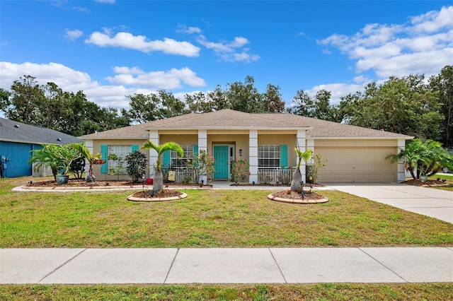 6724 Clair Shore Dr, Apollo Beach, FL 33572 - ranch-style house featuring a garage, concrete driveway, a front yard, stucco siding, and covered porch