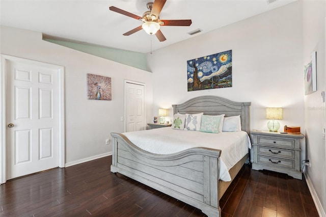 6724 Clair Shore Dr, Apollo Beach, FL 33572 - bedroom featuring wood finished floors, lofted ceiling, baseboards, a closet, and ceiling fan