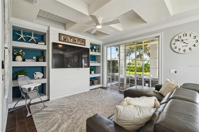 7523 Excitement Dr, Kissimmee, FL 34747 - living area featuring crown molding, dark wood finished floors, a ceiling fan, built in features, and beam ceiling