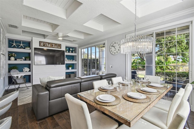 7523 Excitement Dr, Kissimmee, FL 34747 - dining room featuring a chandelier, dark wood-style floors, ornamental molding, built in features, and coffered ceiling