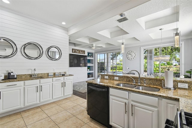 7523 Excitement Dr, Kissimmee, FL 34747 - kitchen featuring dishwasher, a sink, ornamental molding, light tile patterned floors, and white cabinets