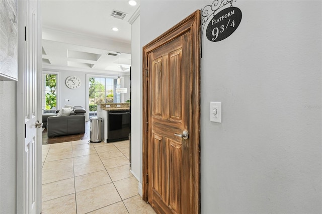 7523 Excitement Dr, Kissimmee, FL 34747 - corridor with coffered ceiling, light tile patterned floors, recessed lighting, and beam ceiling